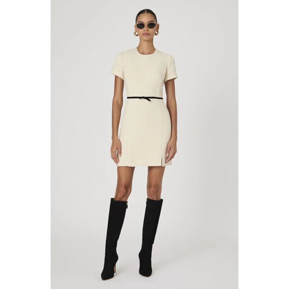 FRENCH CONNECTION Velvet Bow Short Sleeve Bouclé Minidress in Cream/ Black
